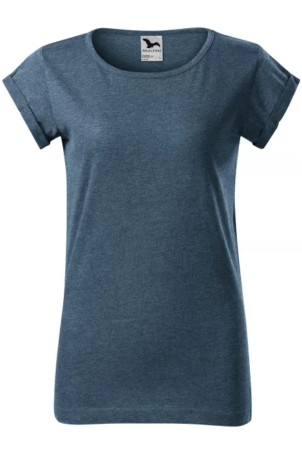 Dames T-shirt met opgerolde mouwen - donker denim marmer, XS