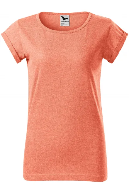 Dames T-shirt met opgerolde mouwen - oranje marmer, XS