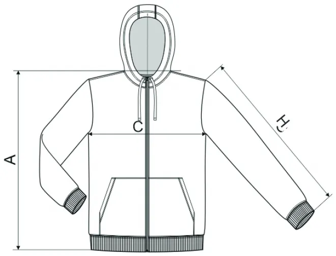 Camouflage-sweatshirt voor heren - tabel met afmetingen