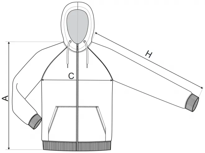 Contrasterend sweatshirt voor heren met capuchon - tabel met afmetingen