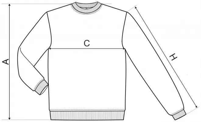 Heren/kinder sweatshirt over het hoofd, zonder capuchon - tabel met afmetingen