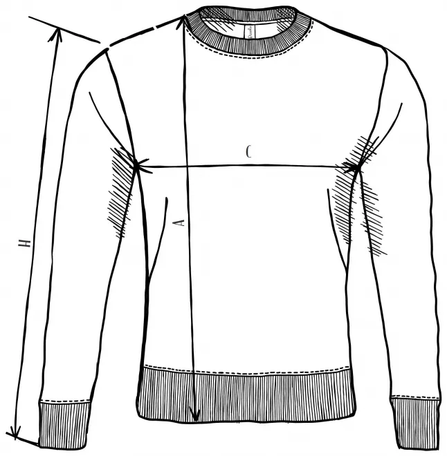 Lichtgewicht sweatshirt - tabel met afmetingen