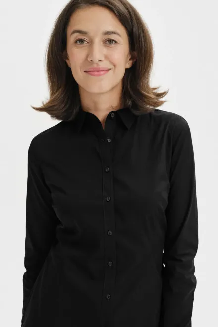 Dames katoenen blouse met lange mouwen, zwart